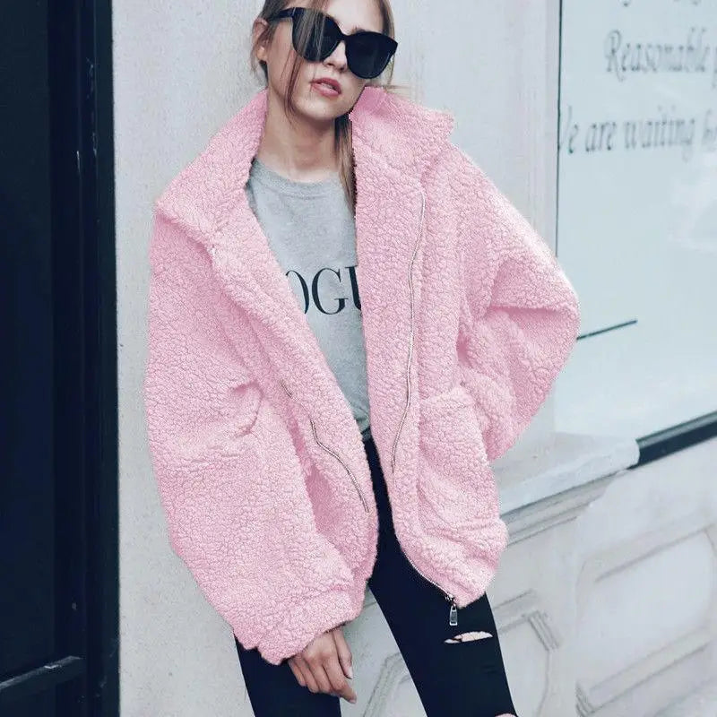 Durable Autumn Winter Faux Fur Coat For Women Casual Warm Soft Zipper Fur Jacket Plush Overcoat Pocket Plus Size Teddy