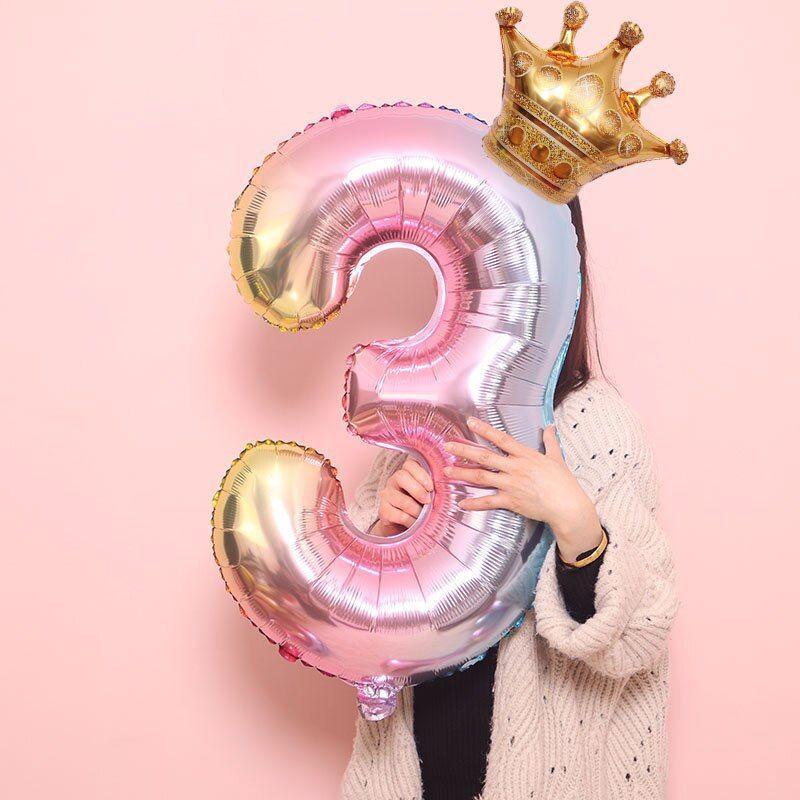 Luxury Gradient Modern 32inch Rainbow number Foil Balloons For Birthday party Decorations Kids Rose Ballons With Crown From 0-9 Numbers