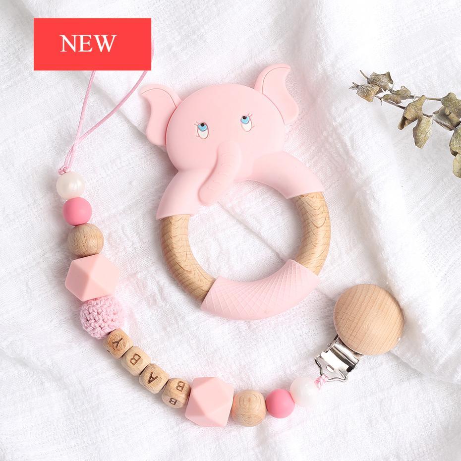 Modern Luxury Pacifier Clip Chain Beech Beads Silicone Elephant Pendant Baby Teething Nursing Clips Chain For Baby