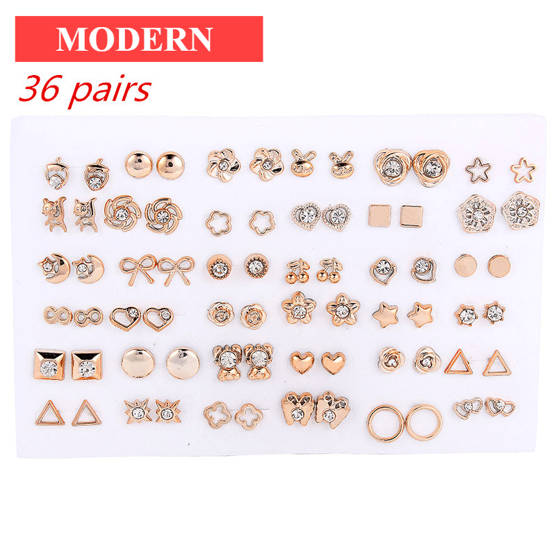 36Pairs/18pairs Earrings Mixed Styles Rhinestone Sun Flower Geometric Animal Plastic Stud Luxury Earrings for Woman and Kids