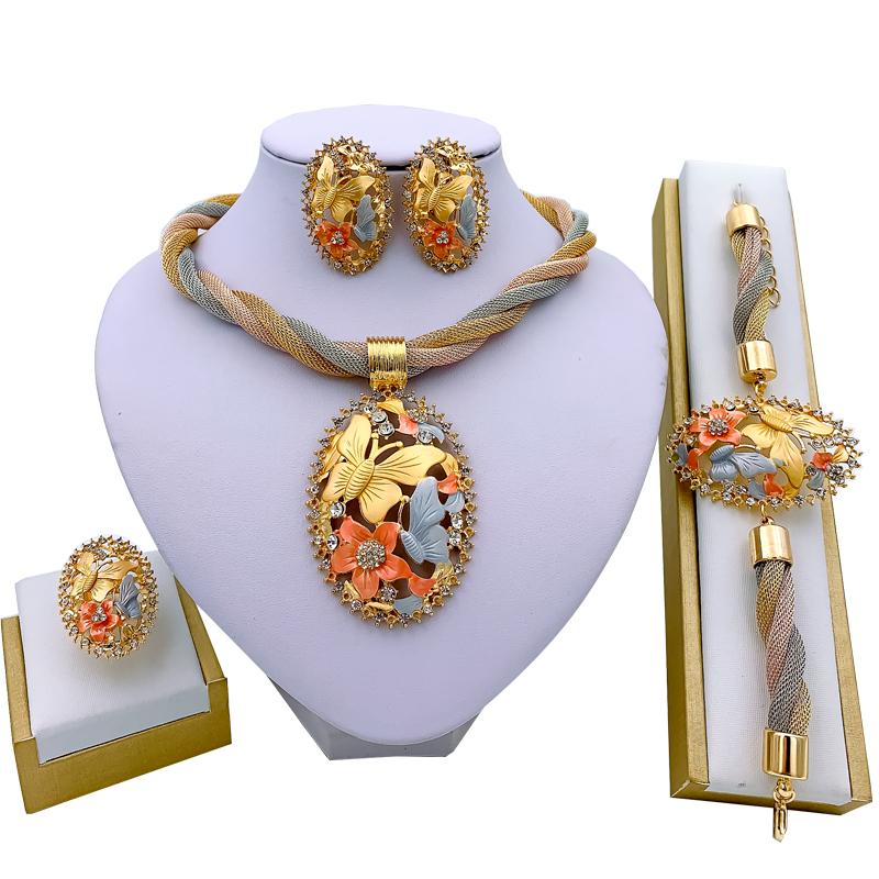 Jewelry Charm Women Necklace Earrings  Gold Jewelry Sets for Women Wedding Bridal Bracelet Ring Pendant Jewelry Set