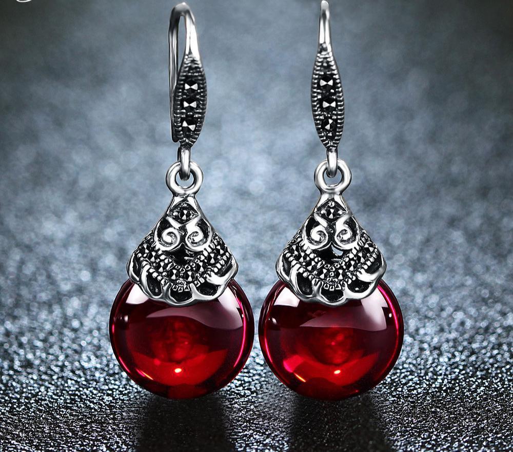 Retro Modern 925 Sterling Silver Elegant Round Garnet Drop Earrings For Women Luxury Trend Natural Red Gemstone Ruby