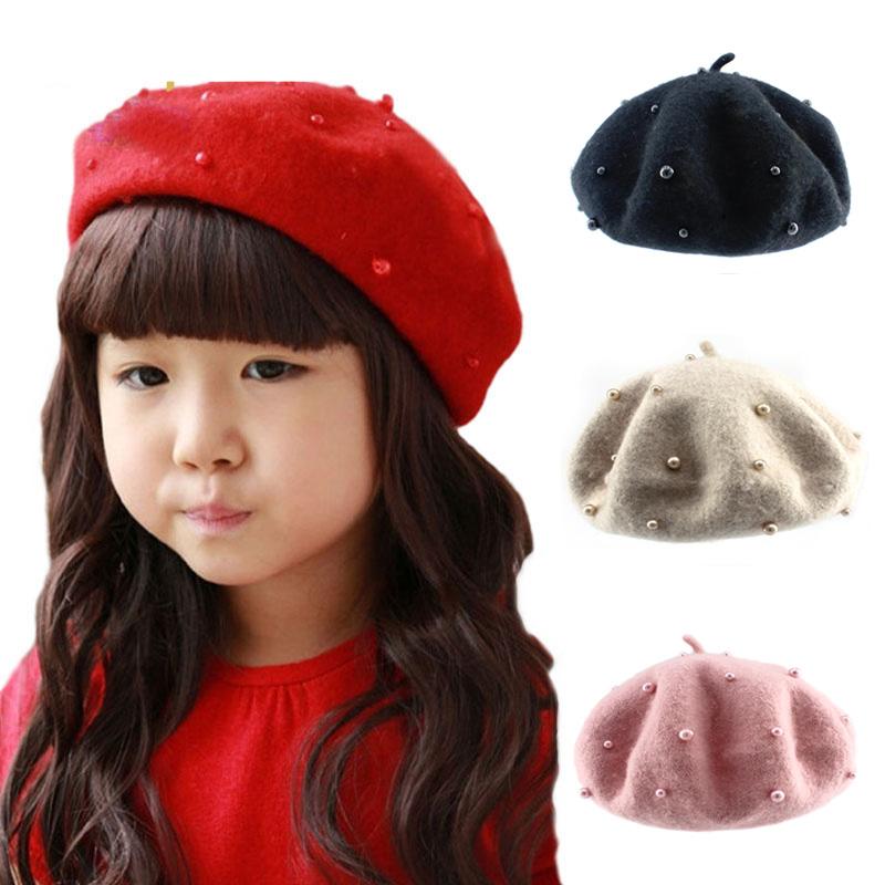 Modern Art Wool Baby Hat with Pearls Cat Candy Color Retro Baby Girl Cap Kids Beret Hats for Girls