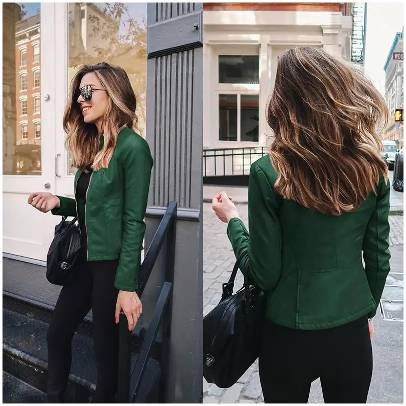 Elegance Autumn And Winter New Solid Color Jacket For Women’s PU Leather Warmth Fashion Long - Sleeved Jacket