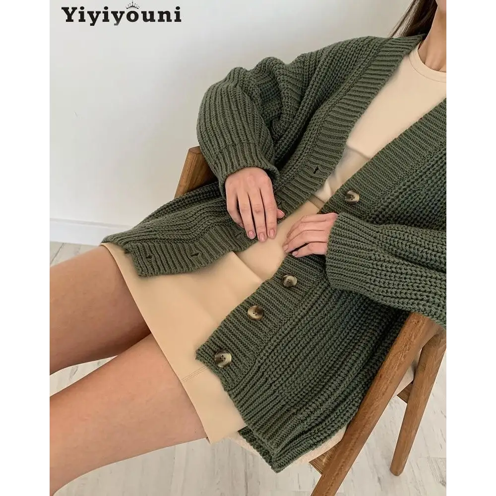 Elegance Autumn Winter V - Neck Loose Cardigans Women Single Breasted Casual Oversized Sweater Female Long Sleeve