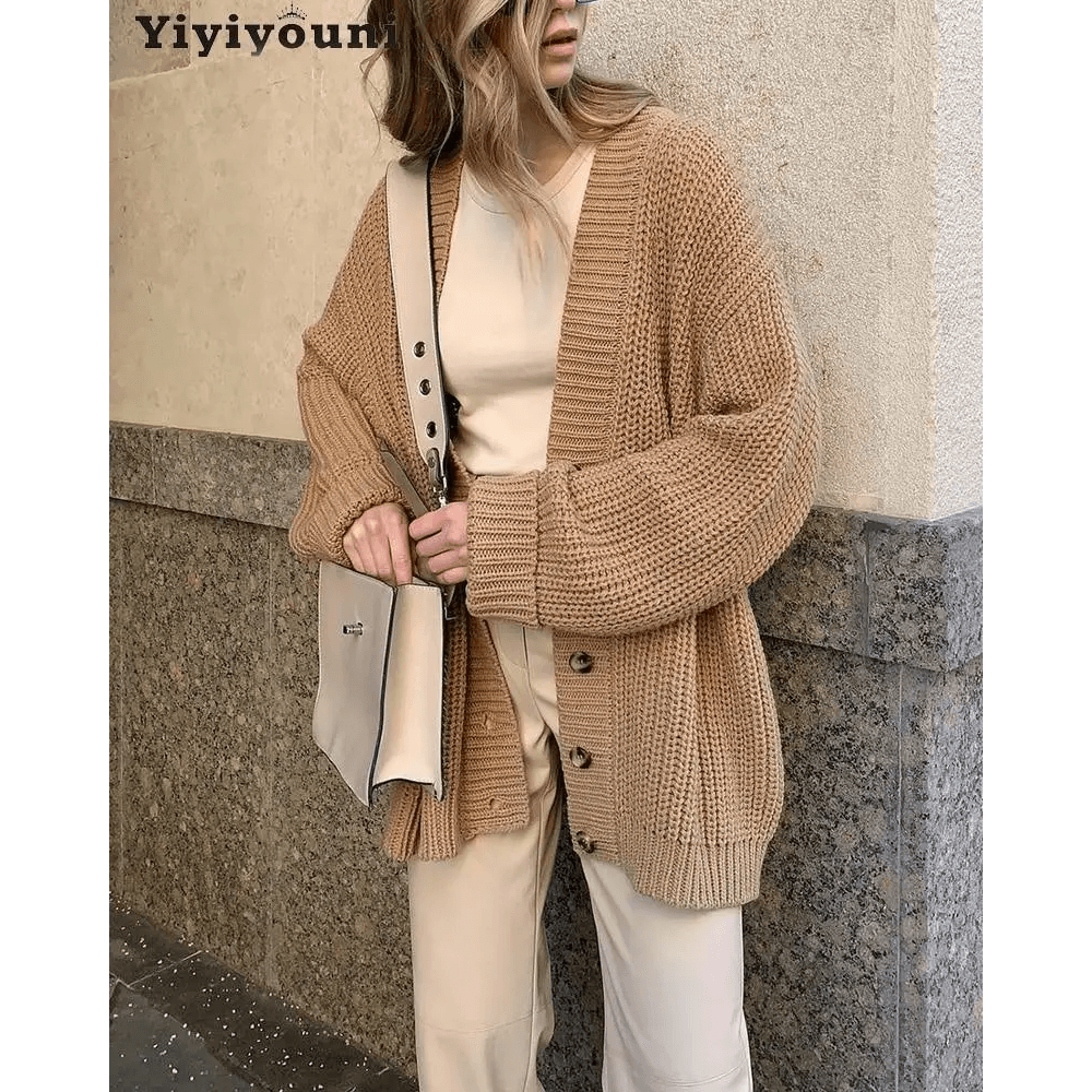 Elegance Autumn Winter V - Neck Loose Cardigans Women Single Breasted Casual Oversized Sweater Female Long Sleeve