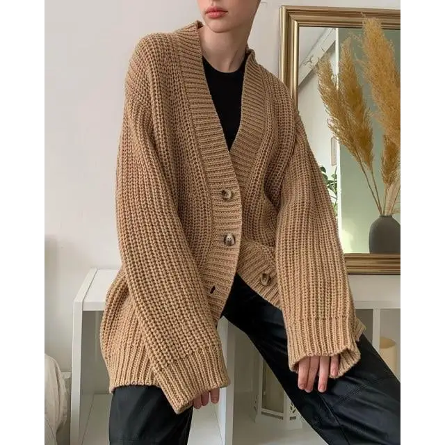 Elegance Autumn Winter V - Neck Loose Cardigans Women Single Breasted Casual Oversized Sweater Female Long Sleeve