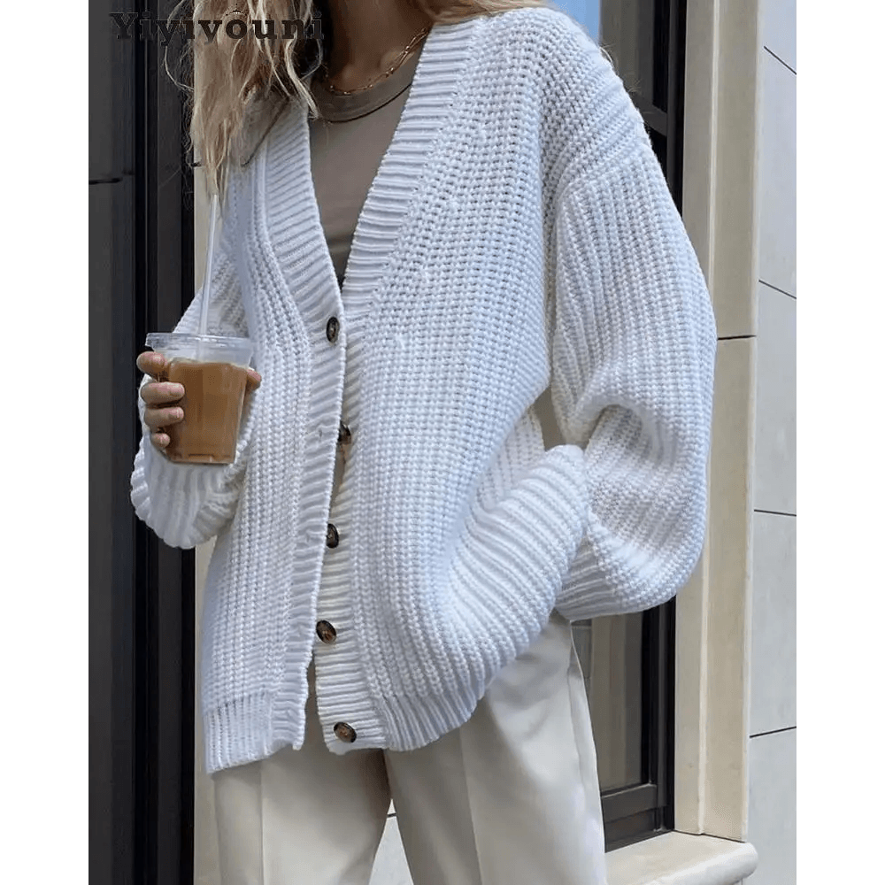 Elegance Autumn Winter V - Neck Loose Cardigans Women Single Breasted Casual Oversized Sweater Female Long Sleeve