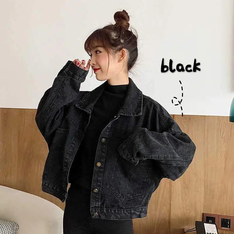 Elegance Black Denim Short Jackets For Women Loose Single Breasted Button Pockets Stylish Chic Retro Casual Streetwear