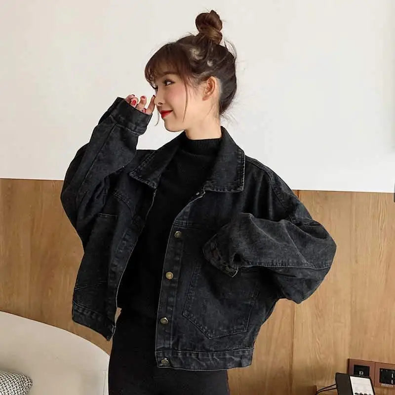 Elegance Black Denim Short Jackets For Women Loose Single Breasted Button Pockets Stylish Chic Retro Casual Streetwear