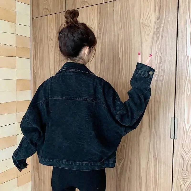 Elegance Black Denim Short Jackets For Women Loose Single Breasted Button Pockets Stylish Chic Retro Casual Streetwear