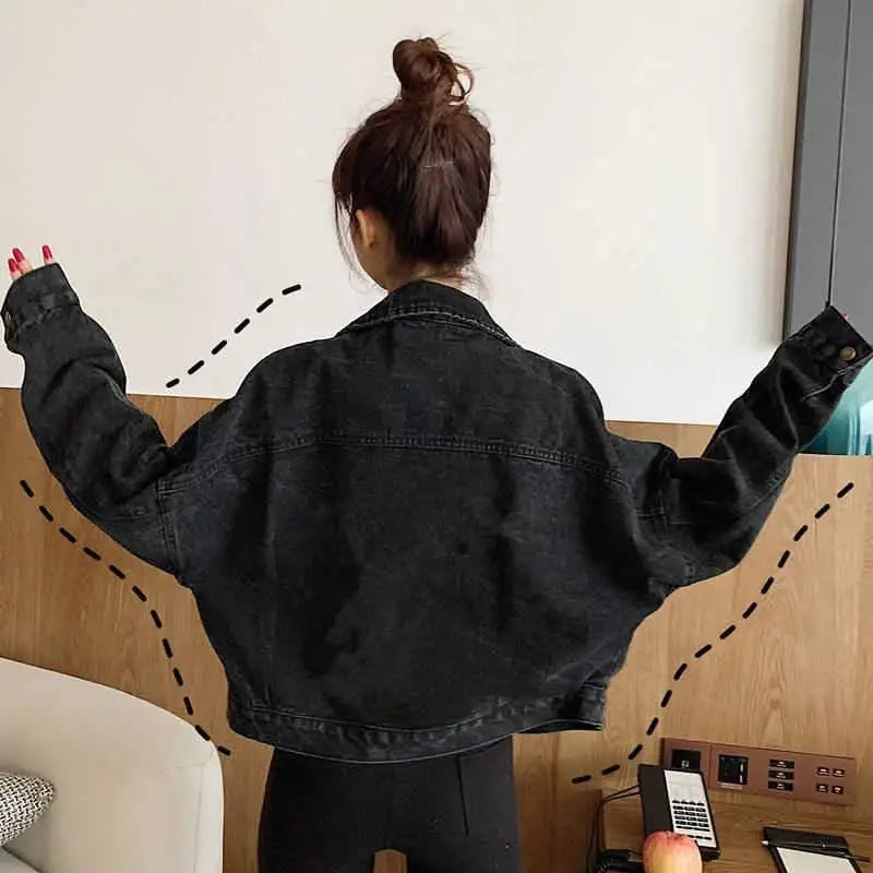 Elegance Black Denim Short Jackets For Women Loose Single Breasted Button Pockets Stylish Chic Retro Casual Streetwear