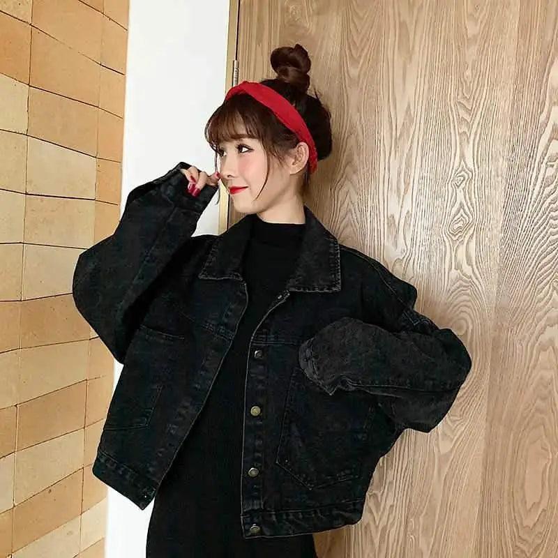 Elegance Black Denim Short Jackets For Women Loose Single Breasted Button Pockets Stylish Chic Retro Casual Streetwear