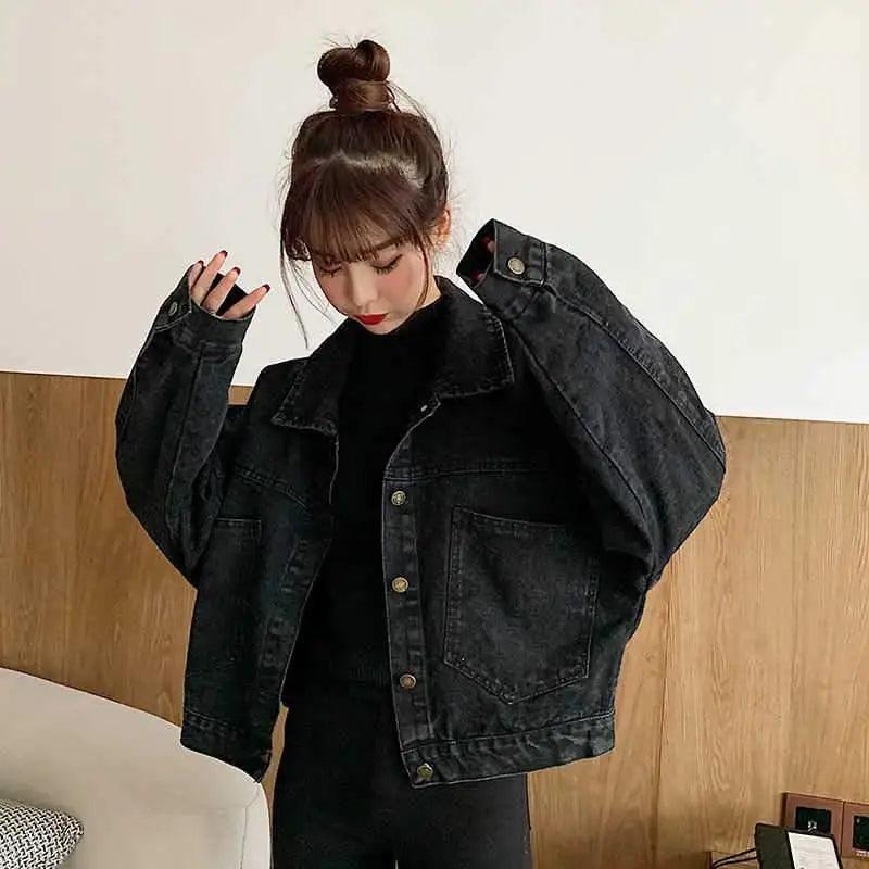 Elegance Black Denim Short Jackets For Women Loose Single Breasted Button Pockets Stylish Chic Retro Casual Streetwear