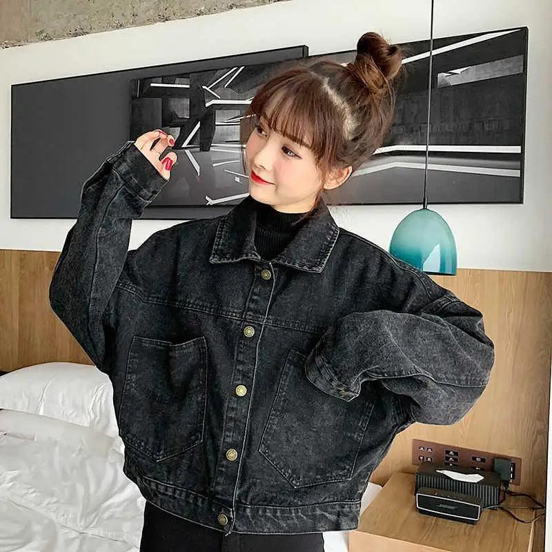 Elegance Black Denim Short Jackets For Women Loose Single Breasted Button Pockets Stylish Chic Retro Casual Streetwear