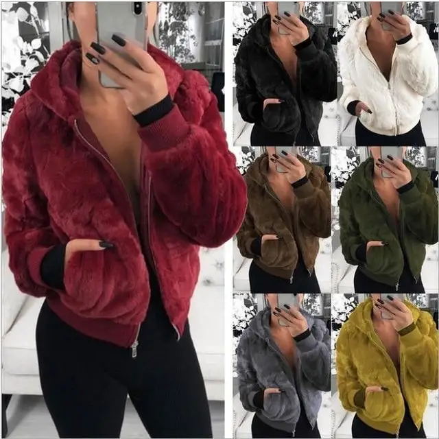 Elegance Faux Fur Women Coat With Hood High Waist Fashion Slim Black /Red /Pink Faux Fur Jacket Fake Rabbit Fur Coats