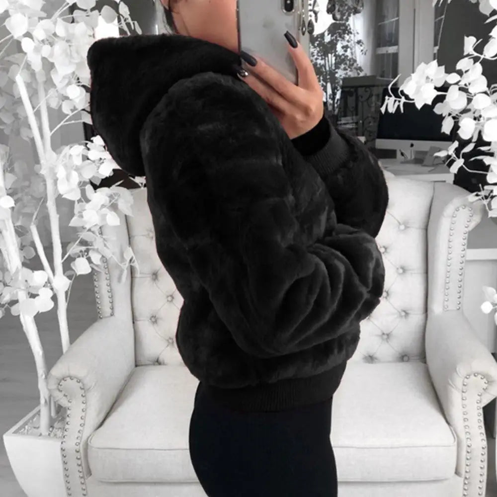 Elegance Faux Fur Women Coat With Hood High Waist Fashion Slim Black /Red /Pink Faux Fur Jacket Fake Rabbit Fur Coats