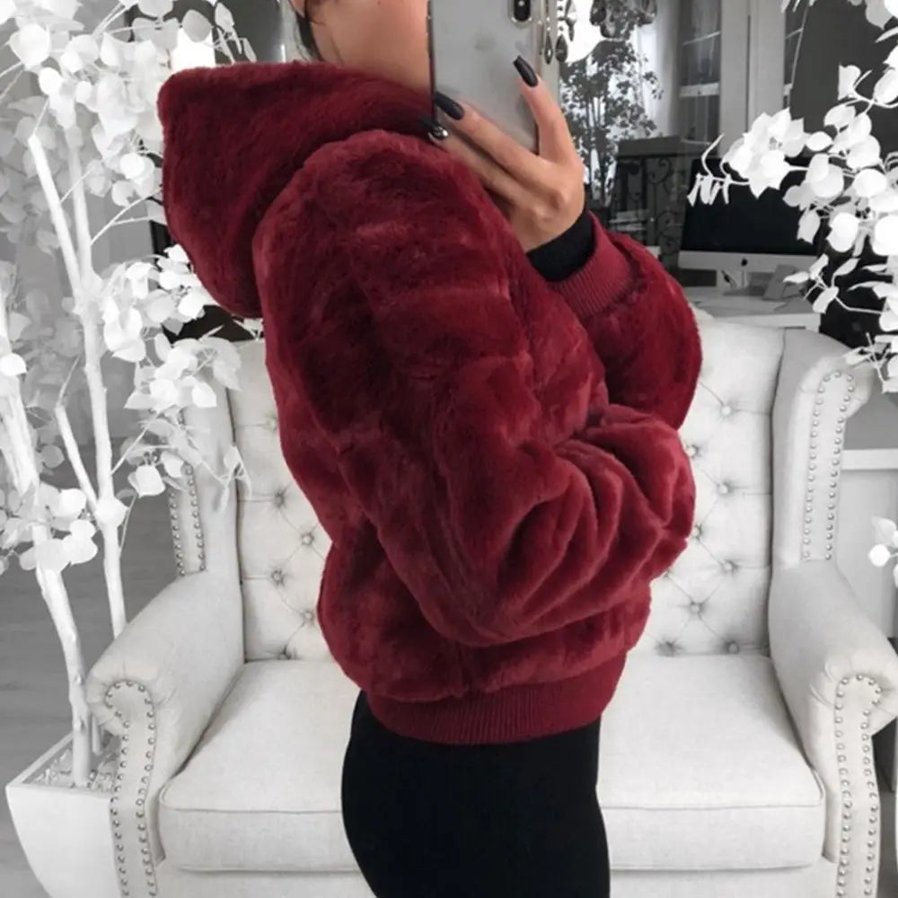 Elegance Faux Fur Women Coat With Hood High Waist Fashion Slim Black /Red /Pink Faux Fur Jacket Fake Rabbit Fur Coats