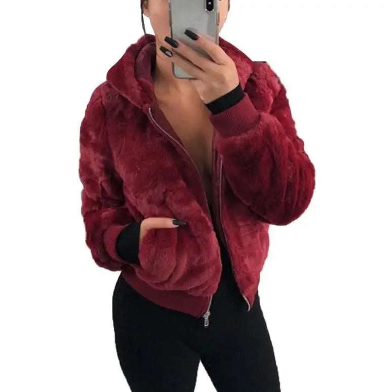 Elegance Faux Fur Women Coat With Hood High Waist Fashion Slim Black /Red /Pink Faux Fur Jacket Fake Rabbit Fur Coats