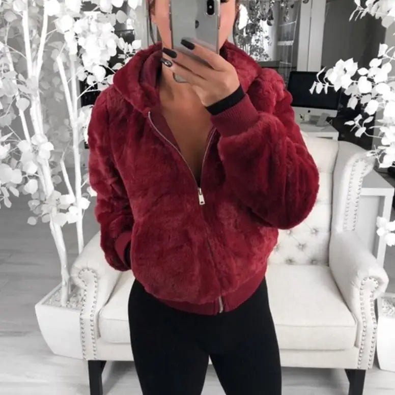 Elegance Faux Fur Women Coat With Hood High Waist Fashion Slim Black /Red /Pink Faux Fur Jacket Fake Rabbit Fur Coats