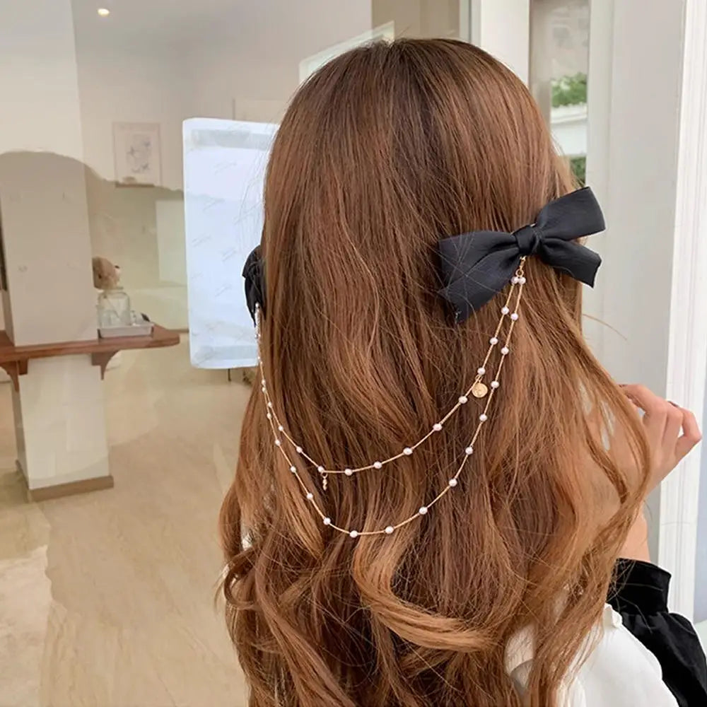 Elegant Black Charming Pearls Bow Chain Barrettes Cute Hair Clips For Women Modern Hair Clip Girls Hair Accessories