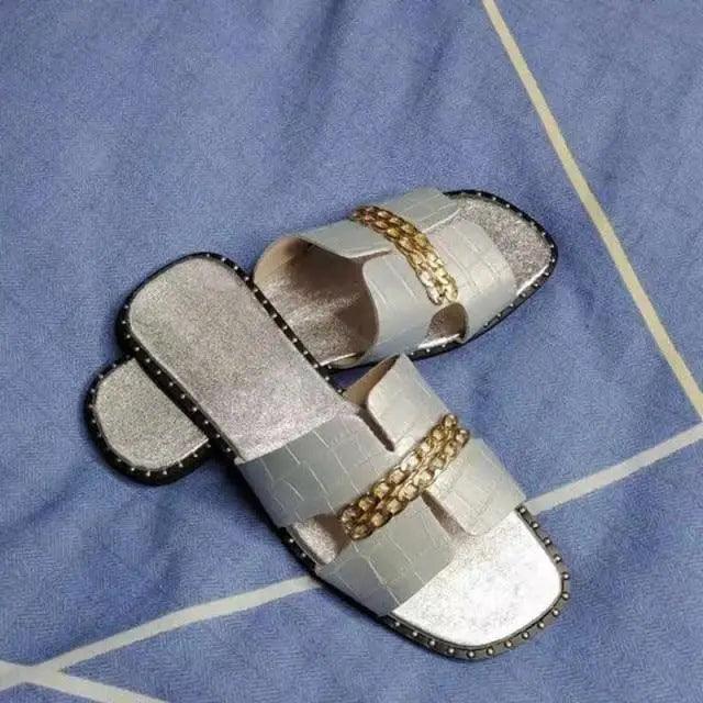 Elegant Black Women Chain Flip Flops Luxury Design Sandal Women Outdoor Slippers Casual Style Sandals - Silver / 35