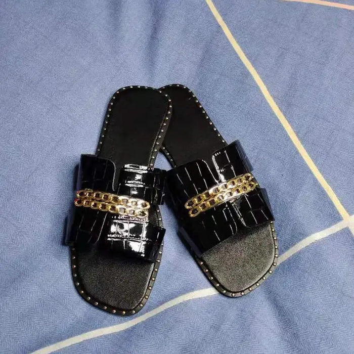 Elegant Black Women Chain Flip Flops Luxury Design Sandal Women Outdoor Slippers Casual Style Sandals - STIL8888YHNBP