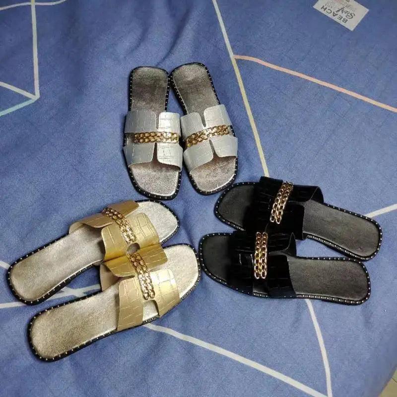 Elegant Black Women Chain Flip Flops Luxury Design Sandal Women Outdoor Slippers Casual Style Sandals - STIL8888YHNBP