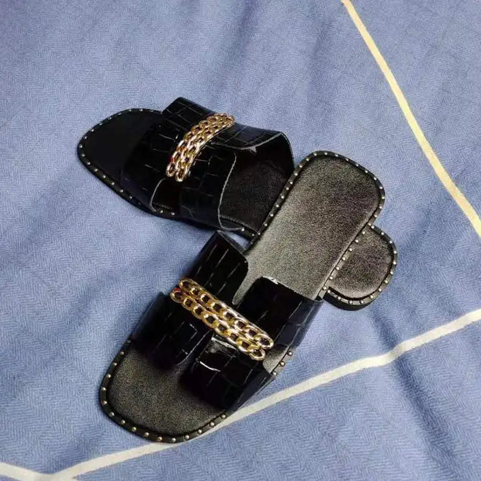 Elegant Black Women Chain Flip Flops Luxury Design Sandal Women Outdoor Slippers Casual Style Sandals - Black / 35