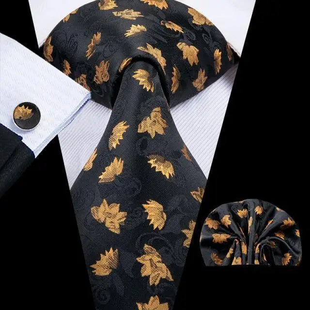 Elegant Business Yellow Gold Ties Men Charming Handkerchiefs Cufflinks Set Unique Design Men Tie Set For Wedding Suit