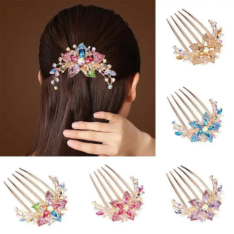 Elegant Colorful Crystal Flowers Hair Combs For Women Fashion Hair Comb Clips Rhinestone Flower Design Ladies Hairpin