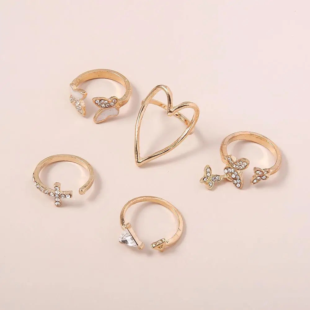 Elegant Heart And Butterfly Gold Color Rings Set For Women And Girls Sophisticated Delicate Women's Jewelry Gifts - ALLURELATION - 571, best selling rings, delicate rings, fashionable jewelry, fashionable rings set, gift rings, Heart Butterfly Gold Color Rings, Jewelry, matching rings, modern ring style, party jewelry, party rings, rings, rings for girls, rings for ladies, rings for women, rings in demand, stylish ring, trendy jewelry, trendy rings, vintage jewelry, vintage style rings - Stevvex.com