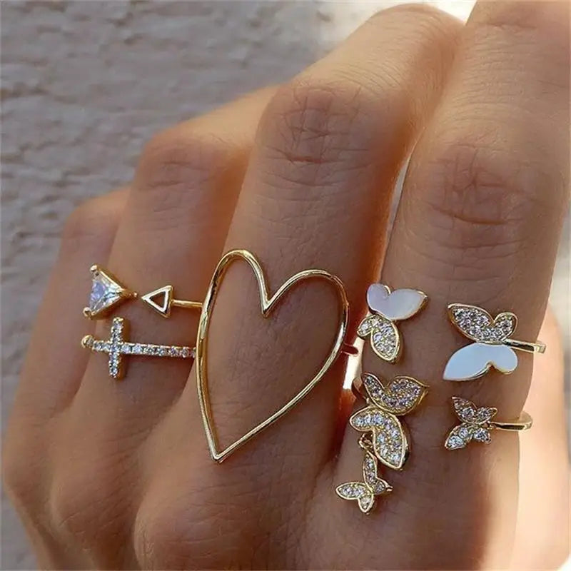 Elegant Heart And Butterfly Gold Color Rings Set For Women And Girls Sophisticated Delicate Women's Jewelry Gifts - ALLURELATION - 571, best selling rings, delicate rings, fashionable jewelry, fashionable rings set, gift rings, Heart Butterfly Gold Color Rings, Jewelry, matching rings, modern ring style, party jewelry, party rings, rings, rings for girls, rings for ladies, rings for women, rings in demand, stylish ring, trendy jewelry, trendy rings, vintage jewelry, vintage style rings - Stevvex.com