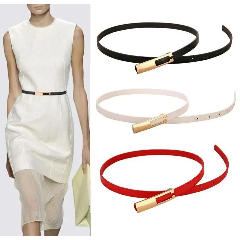 Elegant Leather Adjustable Thin Belt For Women Unique Black Design Ladies Belt High Quality Charming Waistbands