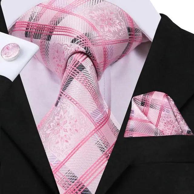 Elegant Pink Silk Necktie Pocket Square Cufflinks Set Elegant Men’s Fashion Wedding Ties For Men And Daily Wear Ties