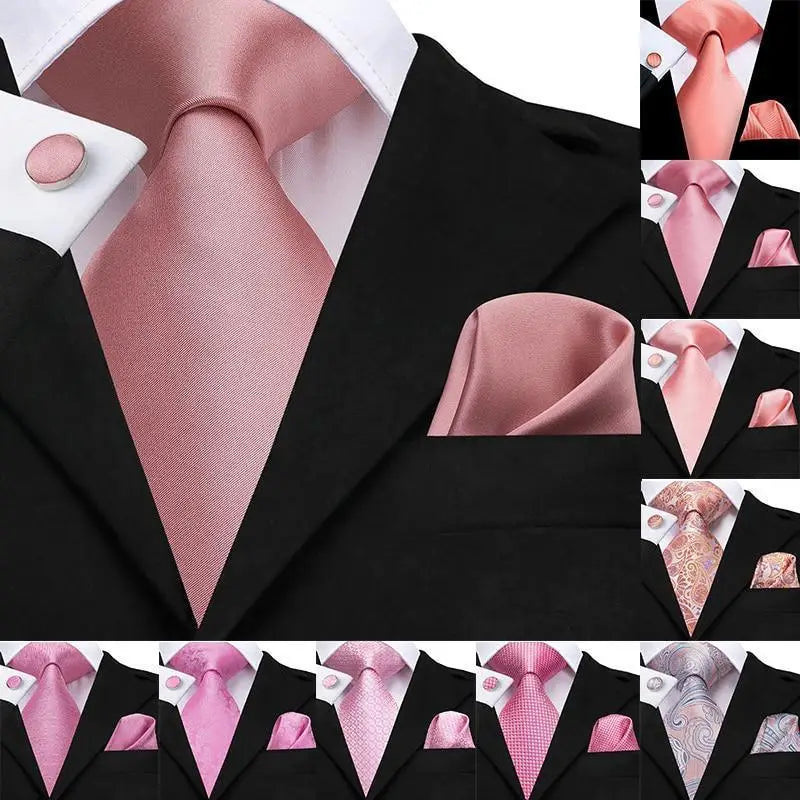 Elegant Pink Silk Necktie Pocket Square Cufflinks Set Elegant Men’s Fashion Wedding Ties For Men And Daily Wear Ties