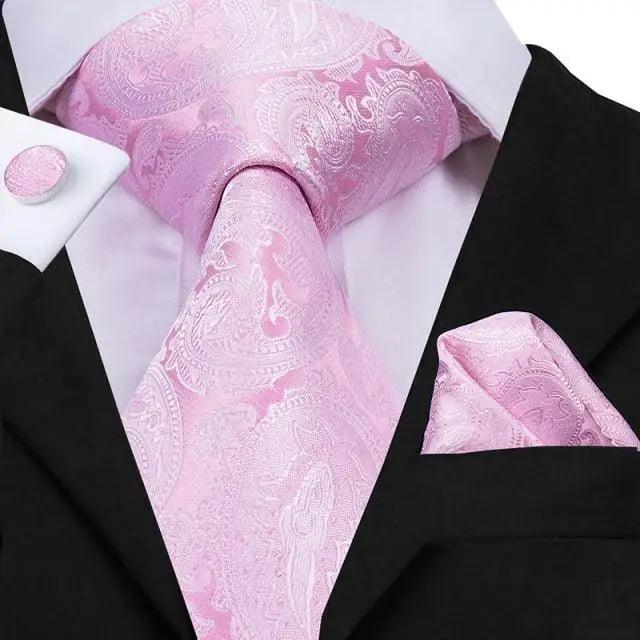 Elegant Pink Silk Necktie Pocket Square Cufflinks Set Elegant Men’s Fashion Wedding Ties For Men And Daily Wear Ties