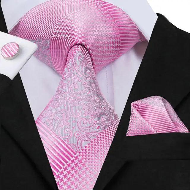 Elegant Pink Silk Necktie Pocket Square Cufflinks Set Elegant Men’s Fashion Wedding Ties For Men And Daily Wear Ties