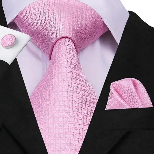 Elegant Pink Silk Necktie Pocket Square Cufflinks Set Elegant Men’s Fashion Wedding Ties For Men And Daily Wear Ties