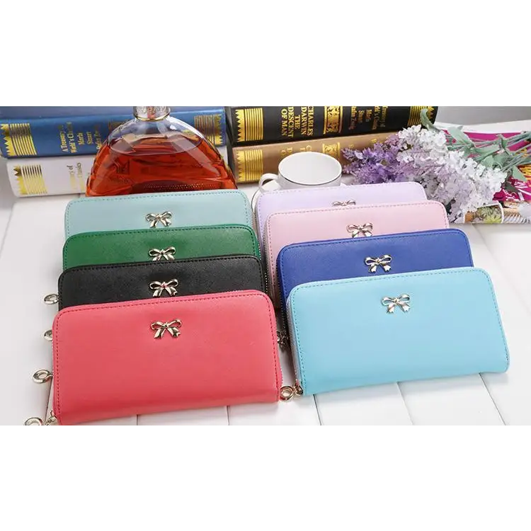 Elegant PU Leather Pink Bowknot Women Long Wallet Fashion Color Purse Phone Card Holder Women Trendy Large Capacity