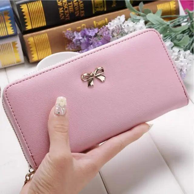 Elegant PU Leather Pink Bowknot Women Long Wallet Fashion Color Purse Phone Card Holder Women Trendy Large Capacity