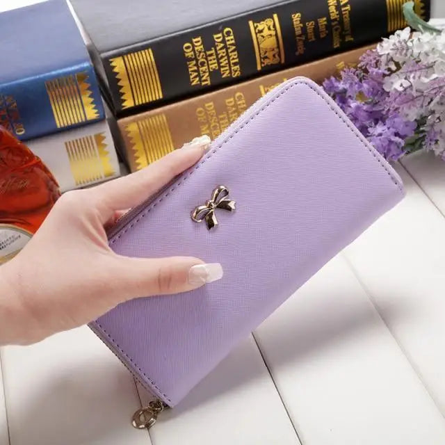 Elegant PU Leather Pink Bowknot Women Long Wallet Fashion Color Purse Phone Card Holder Women Trendy Large Capacity