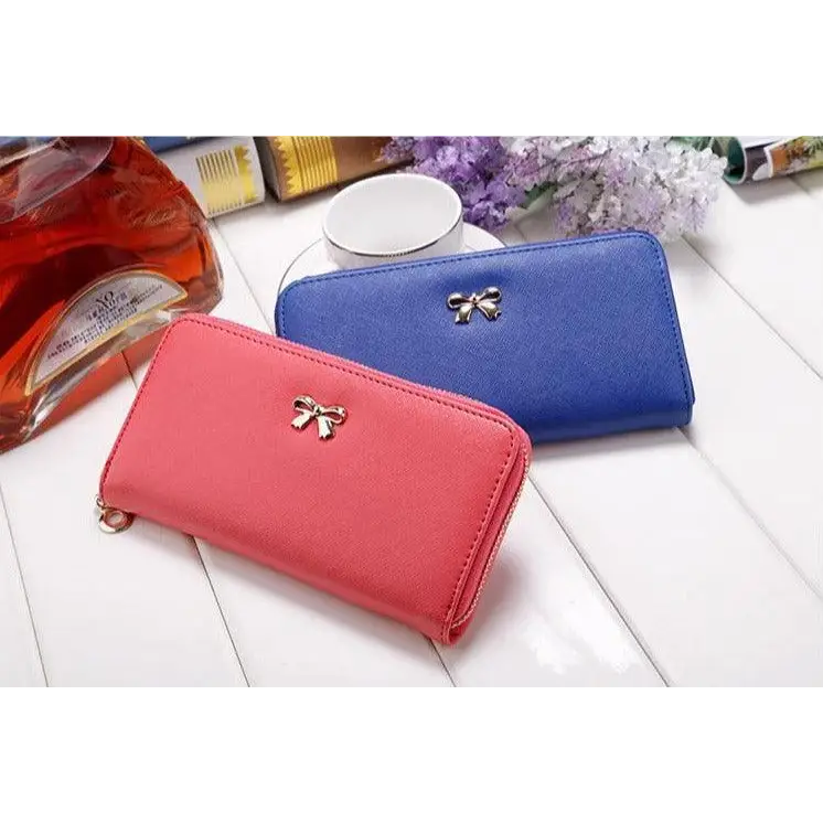 Elegant PU Leather Pink Bowknot Women Long Wallet Fashion Color Purse Phone Card Holder Women Trendy Large Capacity