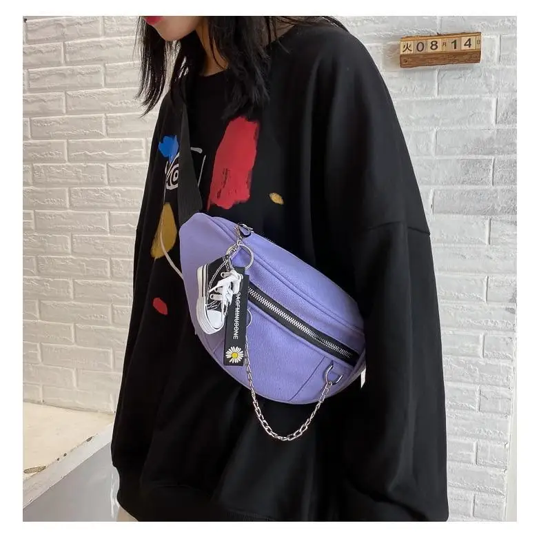 Elegant Purple Ladies Chain Waist Bag Canvas Fanny Pack Luxury Outdoor Chest Bag Phone Purse For Everyday