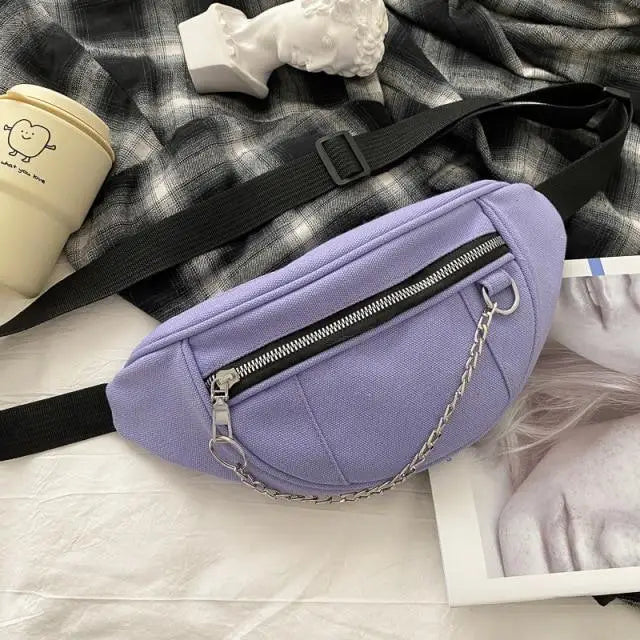 Elegant Purple Ladies Chain Waist Bag Canvas Fanny Pack Luxury Outdoor Chest Bag Phone Purse For Everyday Use - Purple