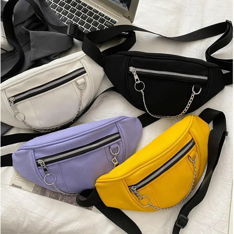 Elegant Purple Ladies Chain Waist Bag Canvas Fanny Pack Luxury Outdoor Chest Bag Phone Purse For Everyday