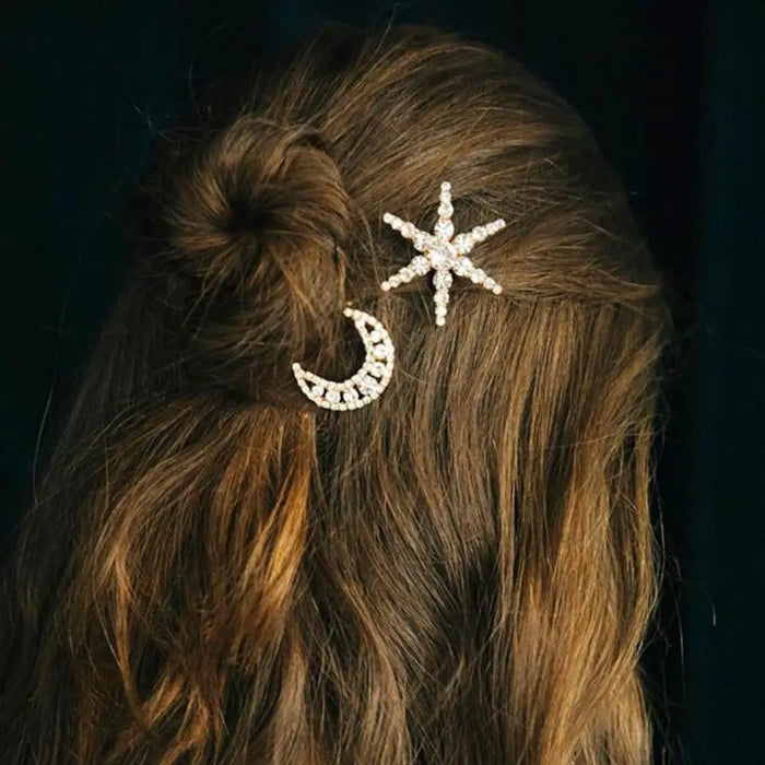 Elegant Star Moon Rhinestone Hairpins Shiny Ladies Barrettes Women Unique Silver Moon Hair Pins Hair Accessories