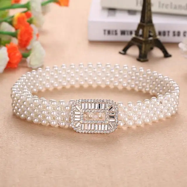 Elegant White Pearl Elastic Buckle Belt For Women Luxurious Strap Pearls Waistband Fashionable Design - 1