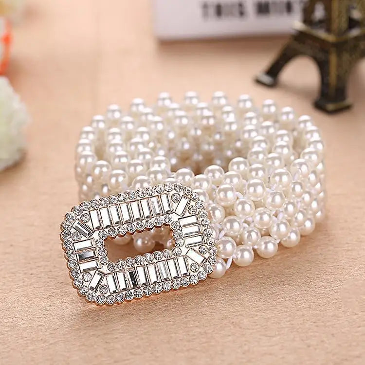 Elegant White Pearl Elastic Buckle Belt For Women Luxurious Strap Pearls Waistband Fashionable Design - STIL6777YGJPO