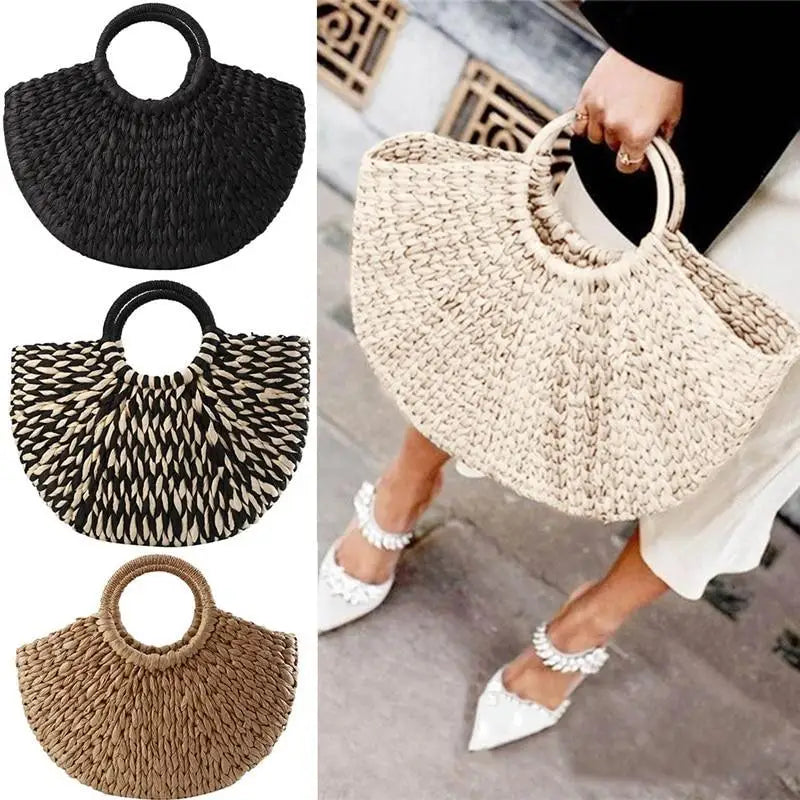 Elehant Women’s Woven Wicker Straw Half Round Bag Trendy Large Capacity Female Casual Travel Bag - ALU93106QRS